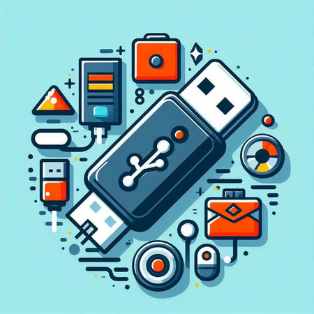 Vector illustration of a USB flash drive in flat design style on a blue background.のイラスト素材