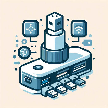 Vector isometric illustration of a USB flash drive with different icons.のイラスト素材