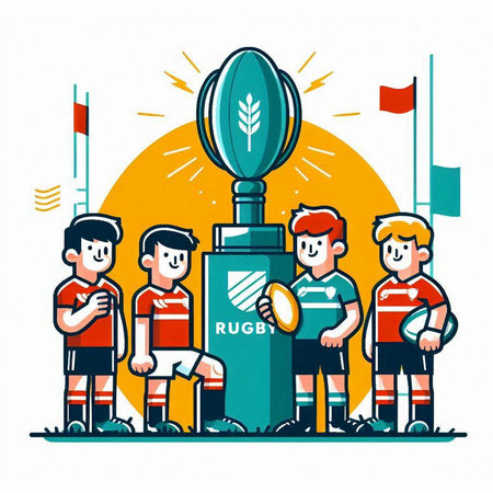 Rugby players standing in front of the goal post. Vector illustration.のイラスト素材