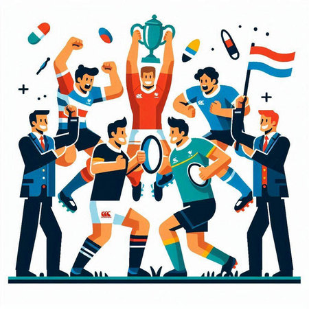 Vector illustration of group of soccer players. Team of soccer players with trophy cup.のイラスト素材