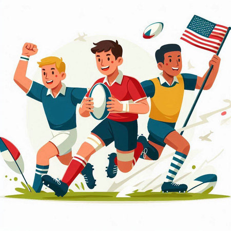 Rugby players with ball and flag of USA vector illustration.のイラスト素材