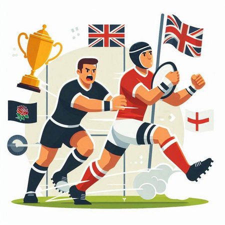 Rugby players in action. Vector illustration in flat style.のイラスト素材
