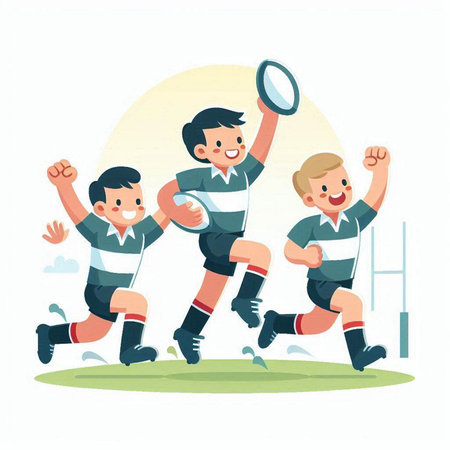 Rugby players in action with ball. Flat vector illustration.のイラスト素材