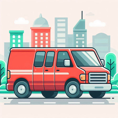 Vector illustration of a red van on the background of the city.のイラスト素材