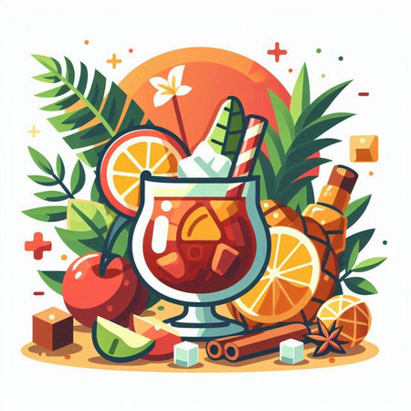 Cocktail with fruits and spices. Vector illustration in flat styleのイラスト素材