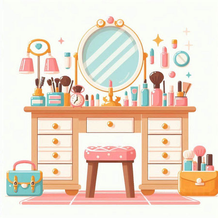 Vector illustration of a dressing table with a mirror, cosmetics, make-up products.のイラスト素材