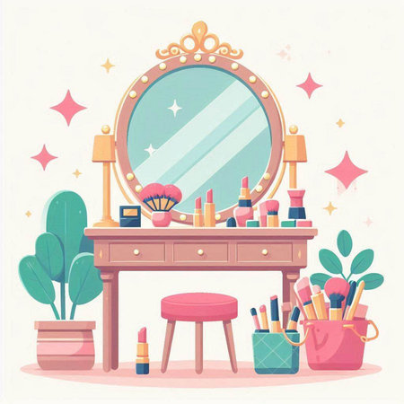 Cosmetics and Makeup table with mirror. Vector illustration in flat styleのイラスト素材
