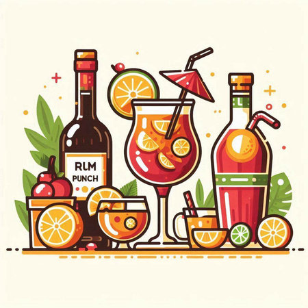 Colorful vector illustration of a set of alcoholic cocktails and drinks.のイラスト素材