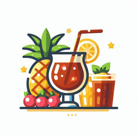 Cocktail flat color vector icon. Alcoholic drink with fruits and berries.のイラスト素材