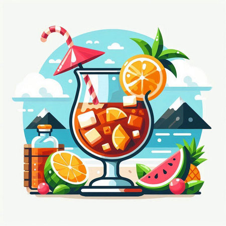 Summer vacation flat vector illustration. Cocktail with watermelon, orange, lemon, ice and straw.のイラスト素材