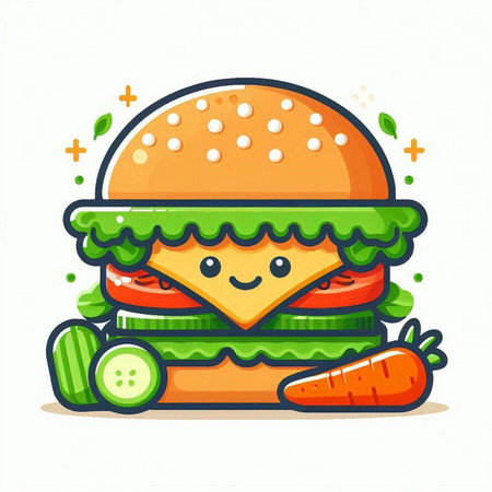 Cute cartoon hamburger with carrot on white background. Vector illustration.のイラスト素材