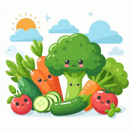 Cute broccoli, carrot, tomato, cucumber, tomato, vector illustrationのイラスト素材