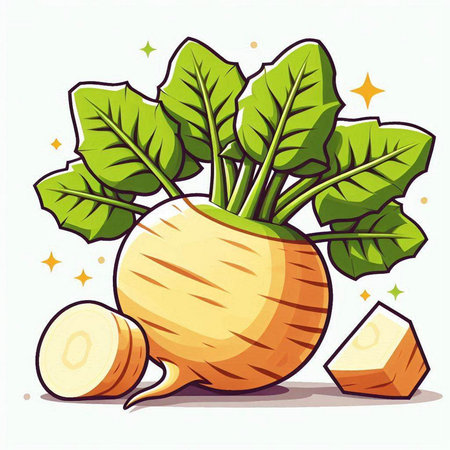 Vector illustration of fresh turnip with green leaves and sliced carrot.のイラスト素材