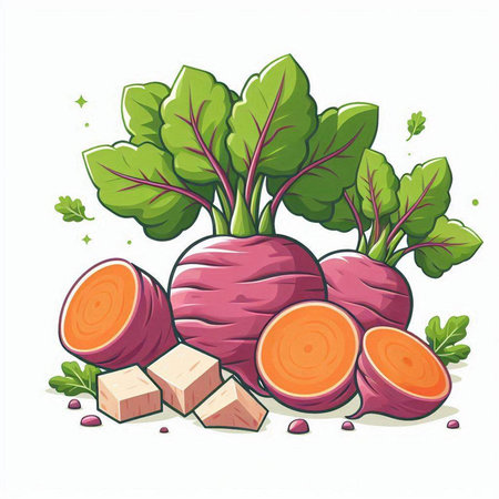 Beetroot vector illustration isolated on white background. Fresh beetroot with green leaves.のイラスト素材