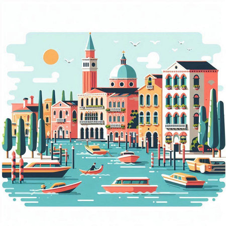 Venice, Italy. Vector illustration in flat style. Cityscape of Venice.のイラスト素材