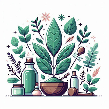 Herbal cosmetic products and herbs. Vector illustration in flat style.のイラスト素材