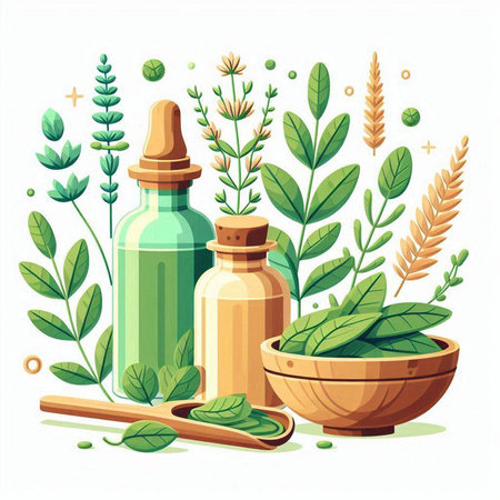 Herbal essential oil in a glass bottle with herbs and leaves. Vector illustration.のイラスト素材