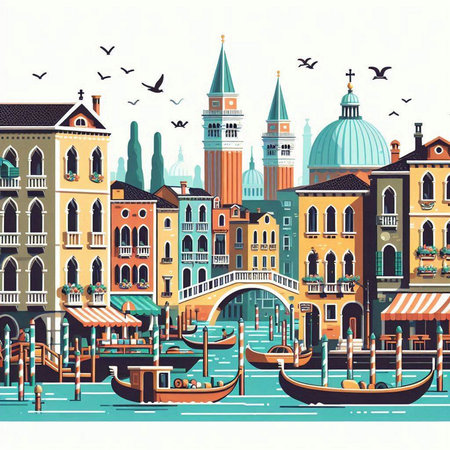 Venice Italy cityscape with gondolas. Vector illustration.のイラスト素材