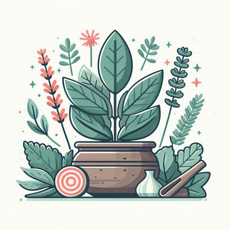 Vector illustration of flower pot with herbs. Hand drawn flat style.のイラスト素材