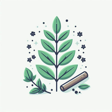 Cinnamon stick with green leaves. Vector illustration, flat style.のイラスト素材
