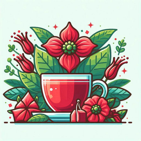 Cup of tea with red flowers and leaves. Vector illustration.のイラスト素材