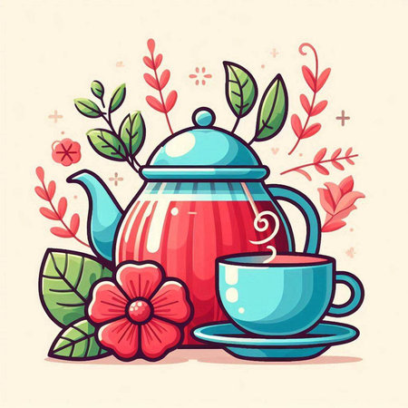 Cup of tea, teapot and flowers. Vector illustration.のイラスト素材