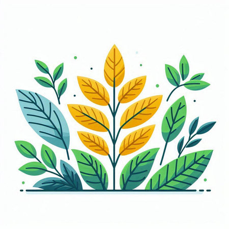 Vector illustration of green and yellow leaves on white background. Flat style.のイラスト素材