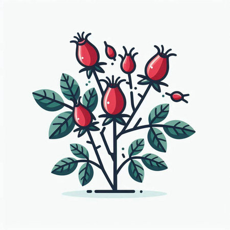 Rosehip branch with berries and leaves. Vector illustration in flat style.のイラスト素材