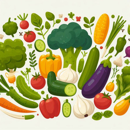 Vegetables background. Vegetables and fruits. Vector illustration.のイラスト素材