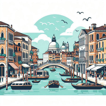 Venice canal with gondolas, Italy. Vector illustration.のイラスト素材