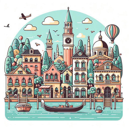 Venice, Italy. Colorful hand drawn vector illustration in sketch style.のイラスト素材