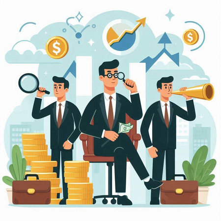 Businessman looking through binoculars and looking for money. Vector illustrationのイラスト素材