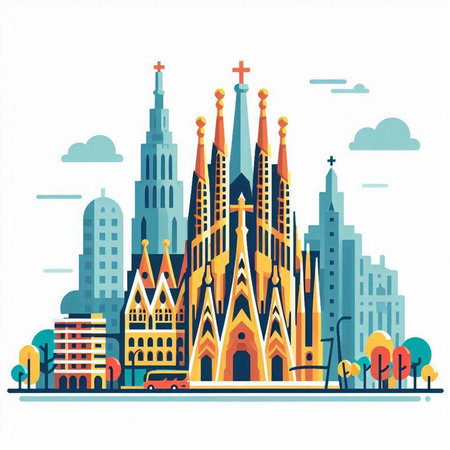 Church in the city. Vector illustration in flat style. Cityscape with buildings.のイラスト素材