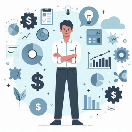 Businessman standing in front of business icons. Vector illustration in cartoon styleのイラスト素材