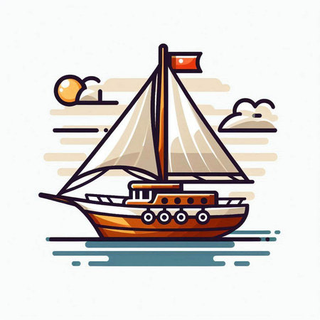 Sailing boat with flag on white background. Vector flat illustration.のイラスト素材