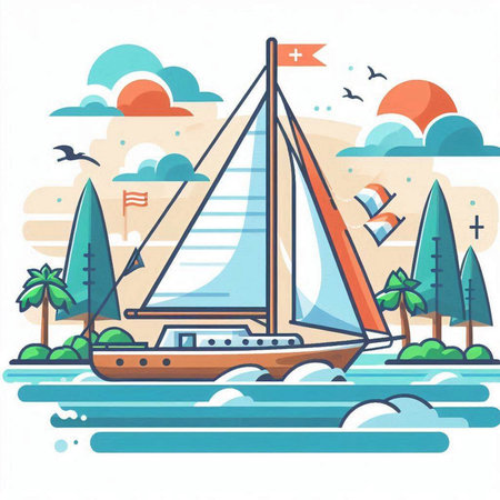 Sailing boat on the sea. Vector illustration in flat style.のイラスト素材