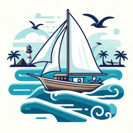 Sailing boat on the sea. Vector illustration in flat style.のイラスト素材