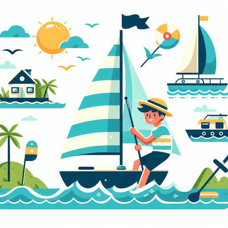 Sailing on the sea. Vector illustration in flat cartoon style.のイラスト素材