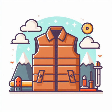 Vector illustration of a jacket and mountaineering equipment on a white background.のイラスト素材