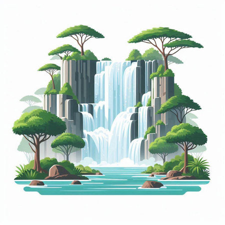Waterfall and trees. Vector illustration in a flat style on a white background.のイラスト素材