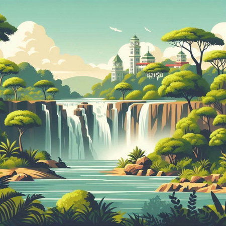 Waterfall in the jungle, vector illustration. Landscape of natureのイラスト素材