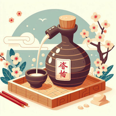 Japanese sake in a japanese style. Vector illustration in retro style.のイラスト素材