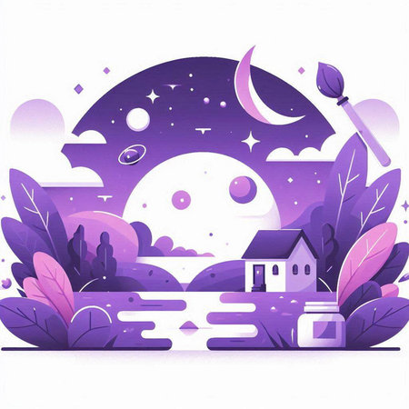 Night landscape with moon and house. Vector illustration in flat style.のイラスト素材