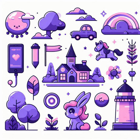 Set of cute vector icons in flat cartoon style. Cute animals, houses, trees, clouds, lighthouse and other elements.のイラスト素材