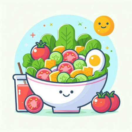 Healthy food vector illustration. Cute cartoon vegetable salad in bowl.のイラスト素材