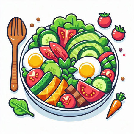 Vegetable salad in bowl with spoon and fork. Vector illustration.のイラスト素材