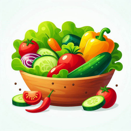 Vegetables in a wooden bowl on a white background. Vector illustration.のイラスト素材