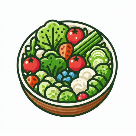 Vegetable salad in bowl on white background. Vector illustration.のイラスト素材