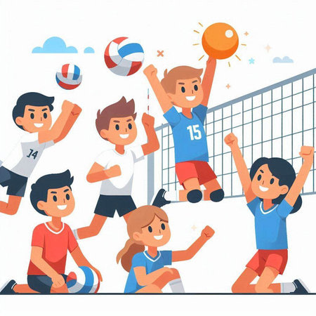 Children playing volleyball. Boys and girls playing volleyball. Vector illustration in cartoon styleのイラスト素材