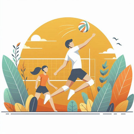 Man and woman playing volleyball on a sunny day. Vector illustration.のイラスト素材
